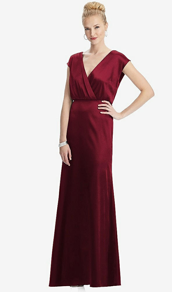 Front View - Burgundy Cap Sleeve Blouson Faux Wrap Dress