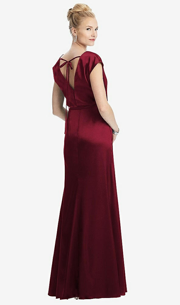 Back View - Burgundy Cap Sleeve Blouson Faux Wrap Dress