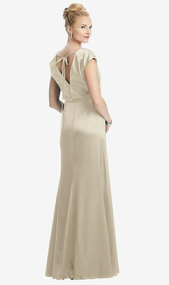 Back View - Champagne Cap Sleeve Blouson Faux Wrap Dress