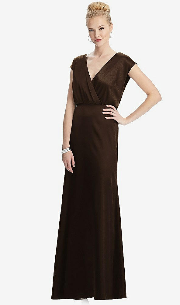 Front View - Espresso Cap Sleeve Blouson Faux Wrap Dress