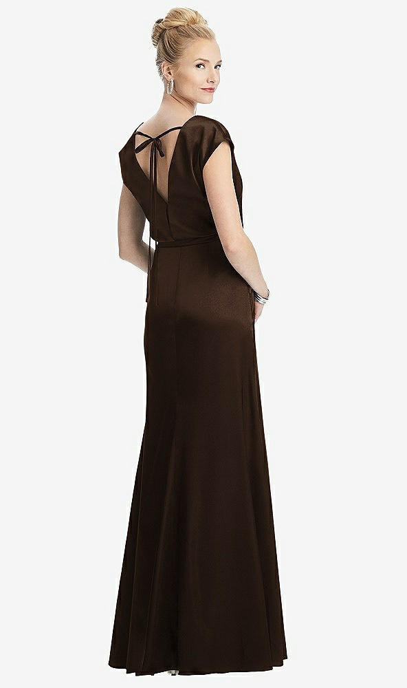 Back View - Espresso Cap Sleeve Blouson Faux Wrap Dress