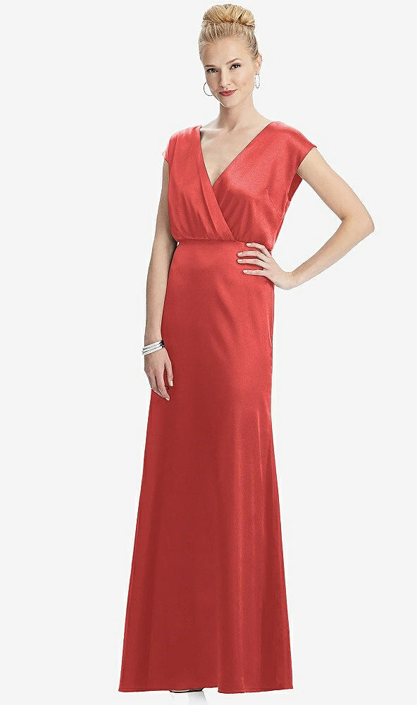 Front View - Perfect Coral Cap Sleeve Blouson Faux Wrap Dress