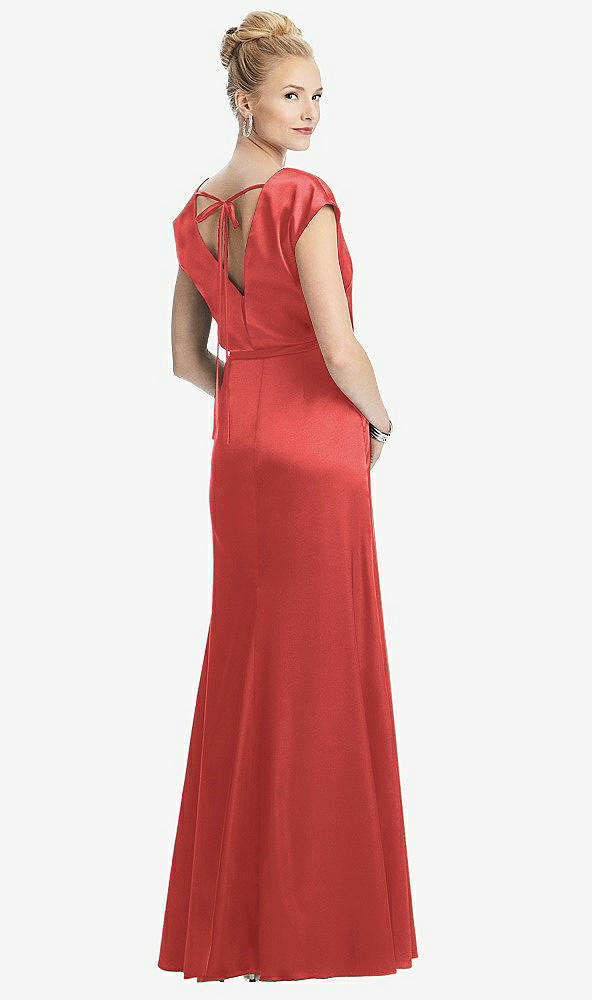 Back View - Perfect Coral Cap Sleeve Blouson Faux Wrap Dress