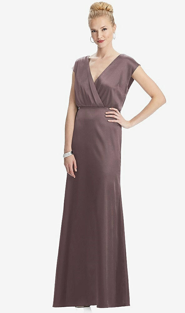 Front View - French Truffle Cap Sleeve Blouson Faux Wrap Dress