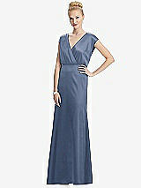 Front View Thumbnail - Larkspur Blue Cap Sleeve Blouson Faux Wrap Dress