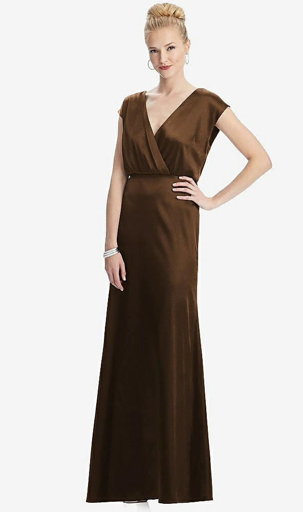 Front View - Latte Cap Sleeve Blouson Faux Wrap Dress