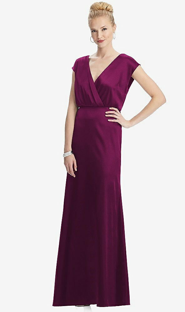 Front View - Merlot Cap Sleeve Blouson Faux Wrap Dress