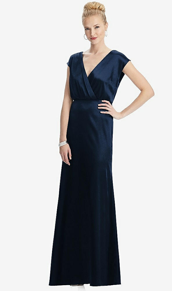 Front View - Midnight Navy Cap Sleeve Blouson Faux Wrap Dress