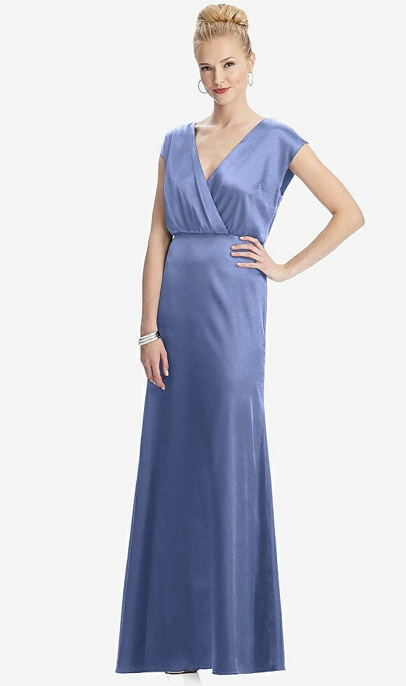 Front View - Periwinkle - PANTONE Serenity Cap Sleeve Blouson Faux Wrap Dress