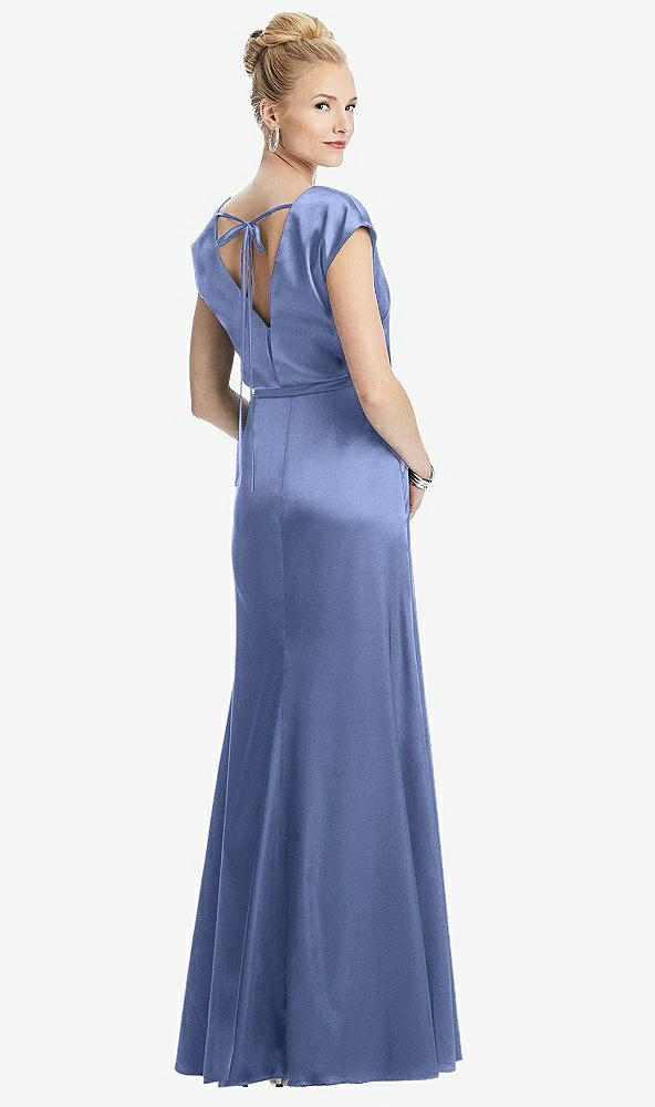 Back View - Periwinkle - PANTONE Serenity Cap Sleeve Blouson Faux Wrap Dress