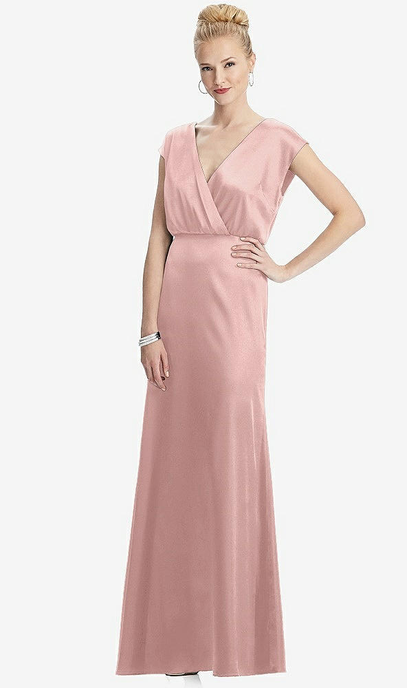 Front View - Rose Quartz Cap Sleeve Blouson Faux Wrap Dress