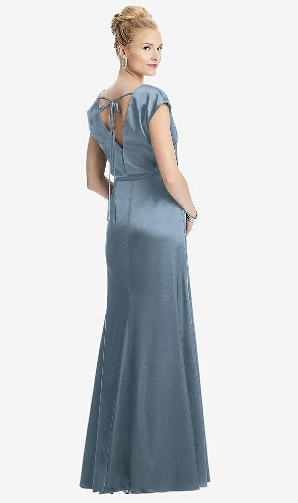 Back View - Slate Cap Sleeve Blouson Faux Wrap Dress