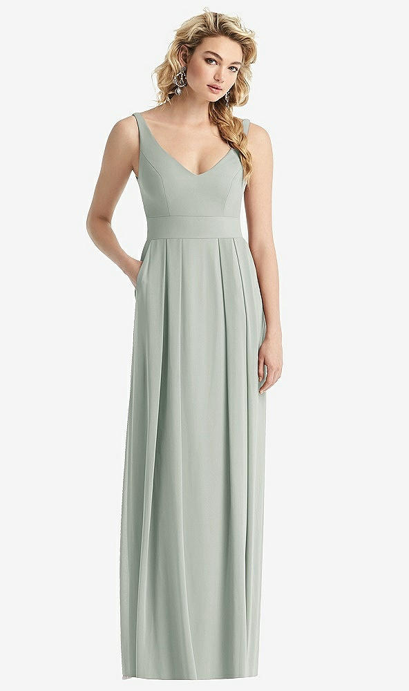 Front View - Willow Green Sleeveless Pleated Skirt Maxi Dress with Pockets