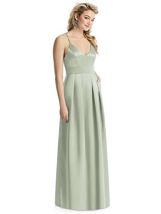 Pleated Skirt Satin Maxi Dress with Pockets