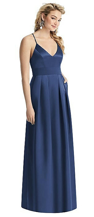 Pleated Skirt Satin Maxi Dress with Pockets