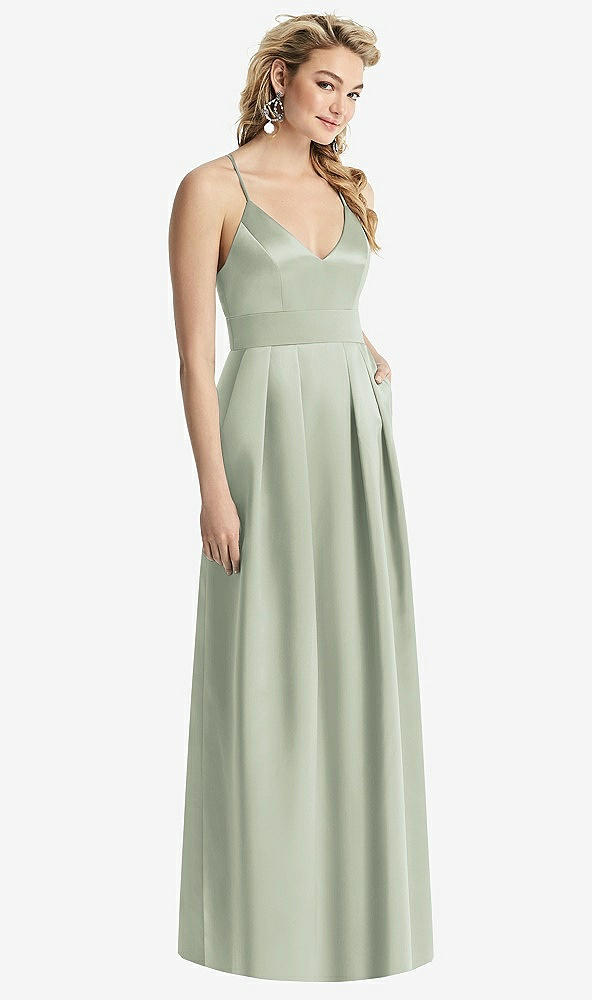 Front View - Celadon Pleated Skirt Satin Maxi Dress with Pockets