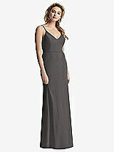 Rear View Thumbnail - Caviar Gray Shirred Sash Cowl-Back Chiffon Trumpet Gown