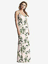 Rear View Thumbnail - Palm Beach Print Shirred Sash Cowl-Back Chiffon Trumpet Gown