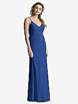 Rear View Thumbnail - Classic Blue Shirred Sash Cowl-Back Chiffon Trumpet Gown