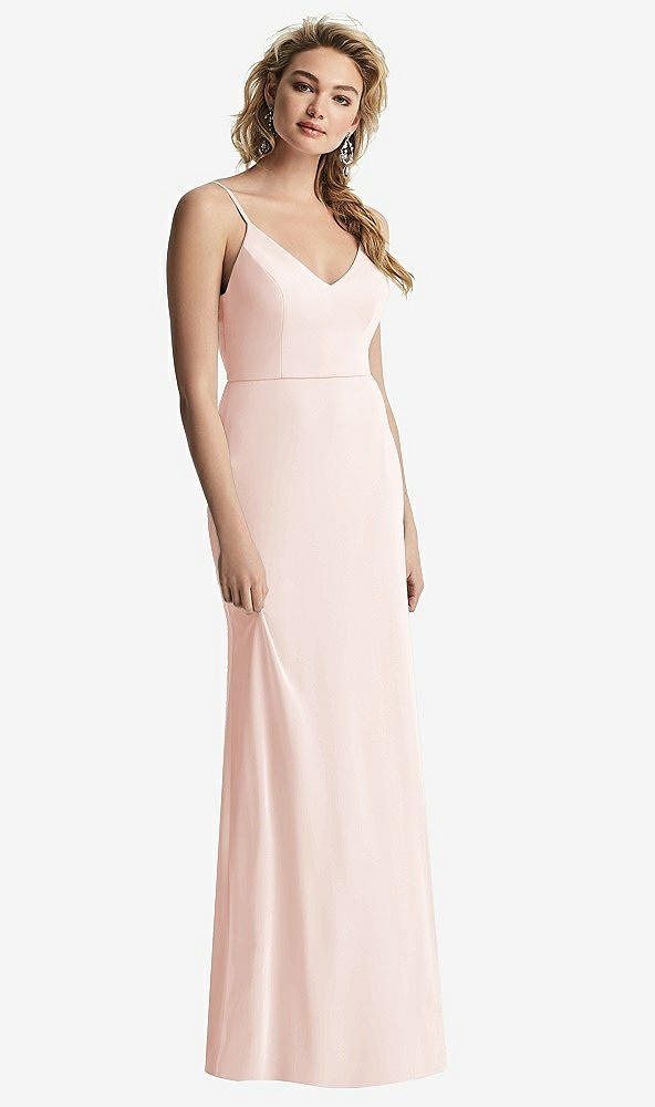 Back View - Blush Shirred Sash Cowl-Back Chiffon Trumpet Gown