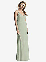 Rear View Thumbnail - Celadon Shirred Sash Cowl-Back Chiffon Trumpet Gown