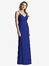 Rear View Thumbnail - Cobalt Blue Shirred Sash Cowl-Back Chiffon Trumpet Gown