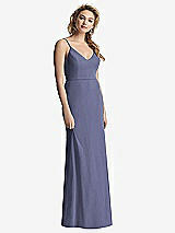 Rear View Thumbnail - French Blue Shirred Sash Cowl-Back Chiffon Trumpet Gown