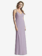 Rear View Thumbnail - Lilac Haze Shirred Sash Cowl-Back Chiffon Trumpet Gown