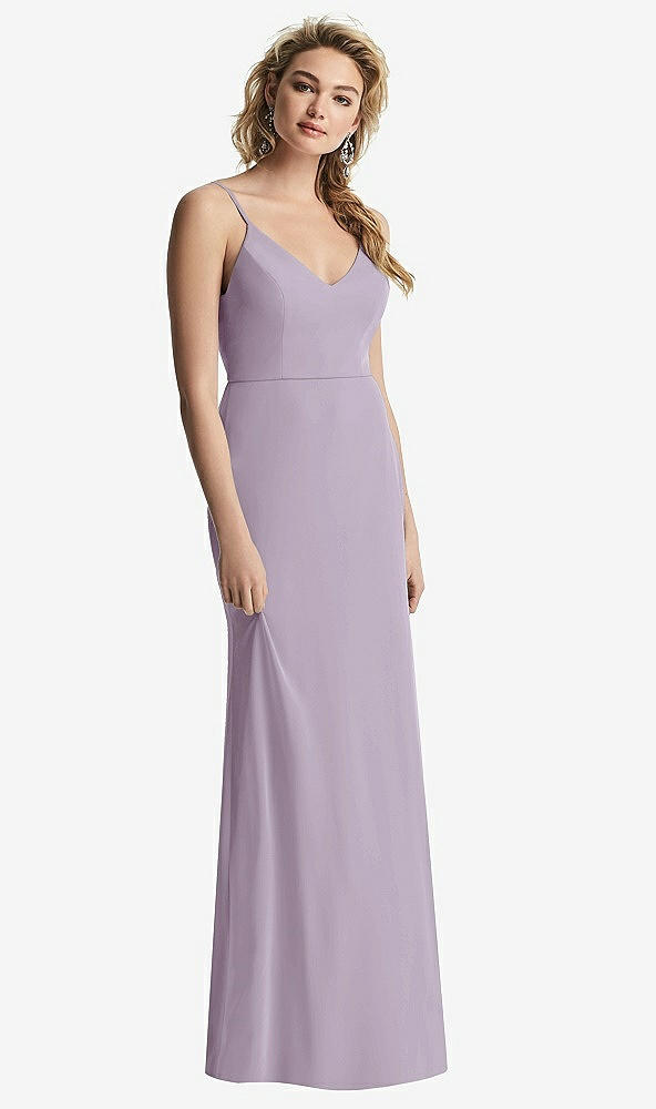 Back View - Lilac Haze Shirred Sash Cowl-Back Chiffon Trumpet Gown