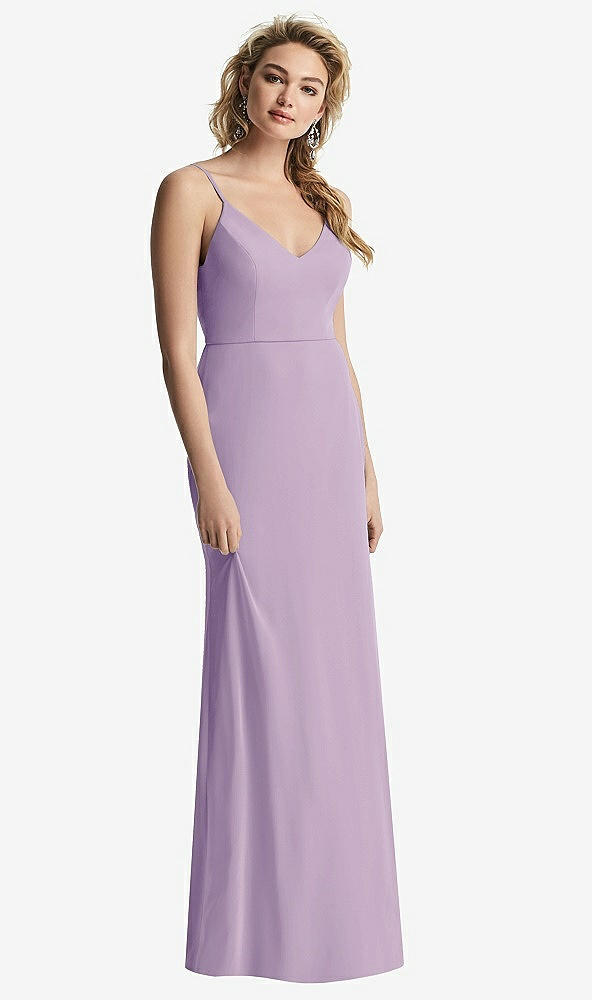 Back View - Pale Purple Shirred Sash Cowl-Back Chiffon Trumpet Gown