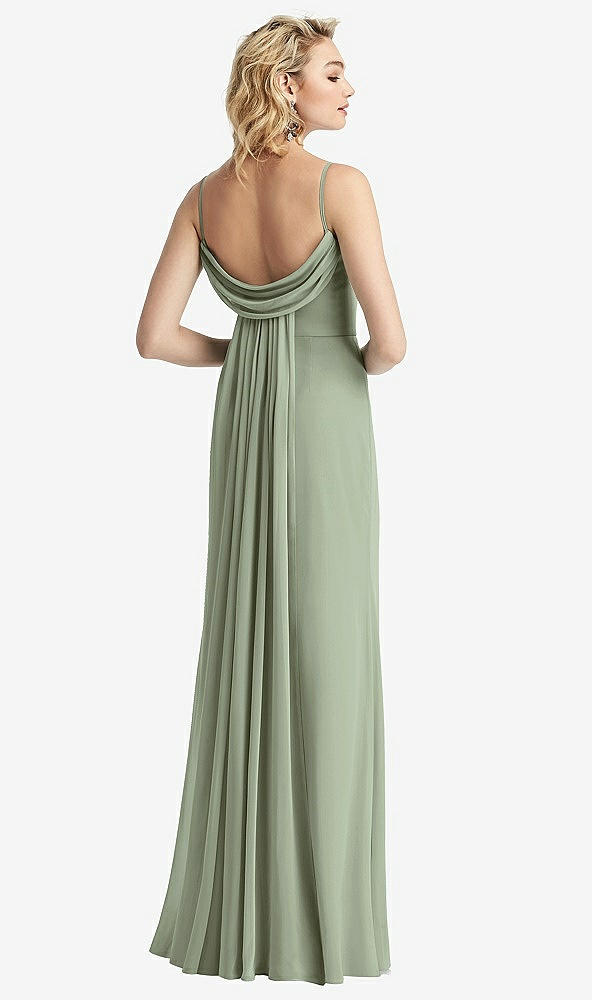 Front View - Sage Shirred Sash Cowl-Back Chiffon Trumpet Gown