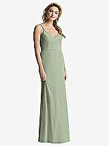 Rear View Thumbnail - Sage Shirred Sash Cowl-Back Chiffon Trumpet Gown