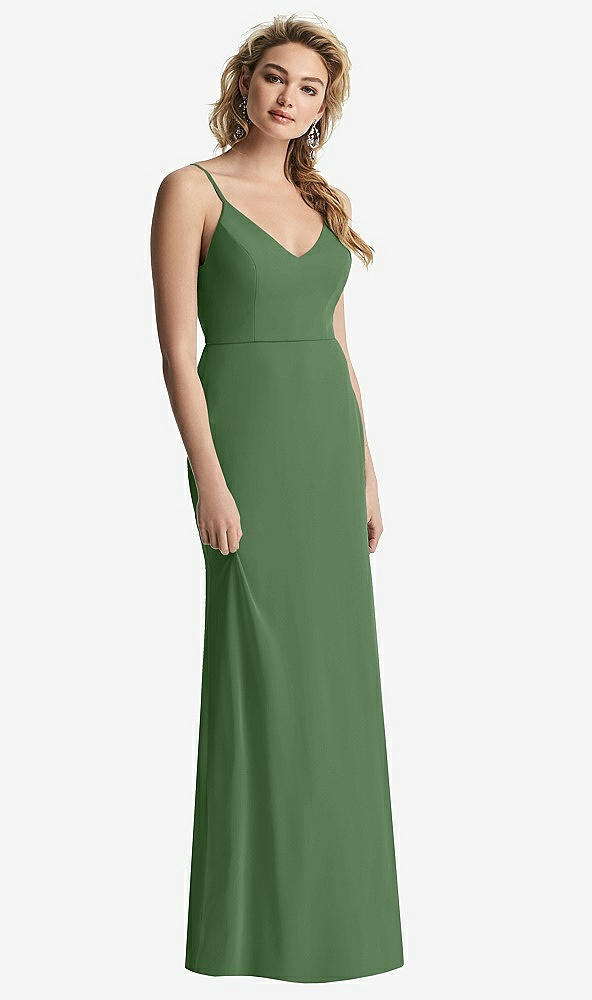 Back View - Vineyard Green Shirred Sash Cowl-Back Chiffon Trumpet Gown