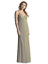 Front View Thumbnail - Mocha Gold V-Neck Cowl-Back Shimmer Trumpet Gown