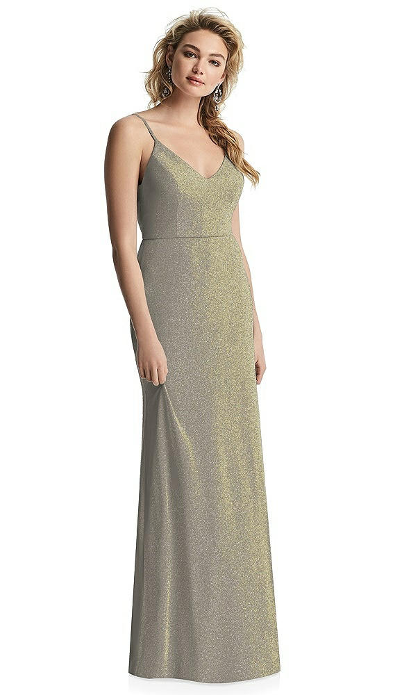 Front View - Mocha Gold V-Neck Cowl-Back Shimmer Trumpet Gown