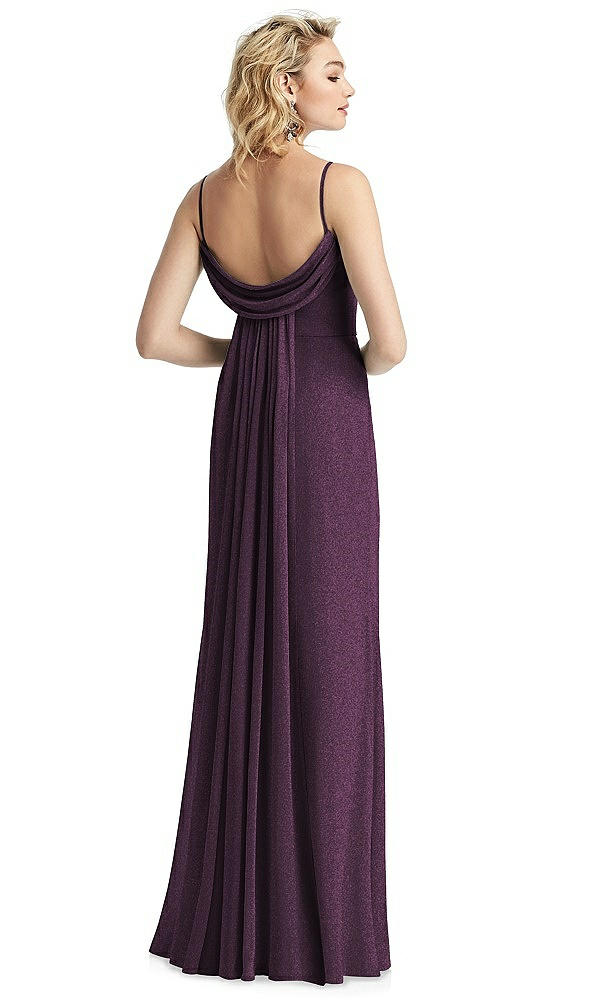 Back View - Aubergine Silver V-Neck Cowl-Back Shimmer Trumpet Gown