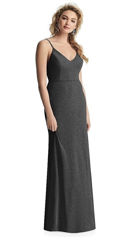 Front View - Black Silver V-Neck Cowl-Back Shimmer Trumpet Gown