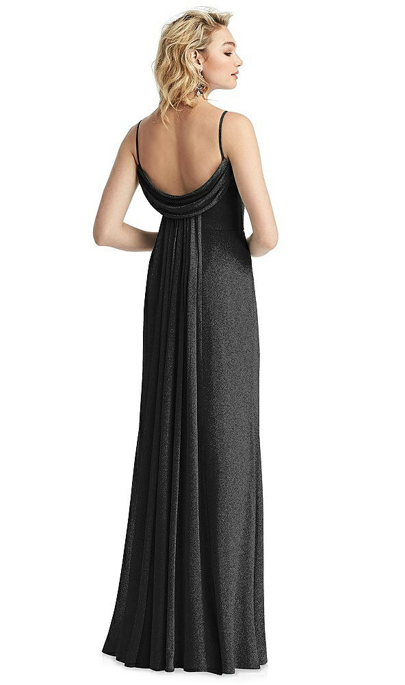 Back View - Black Silver V-Neck Cowl-Back Shimmer Trumpet Gown