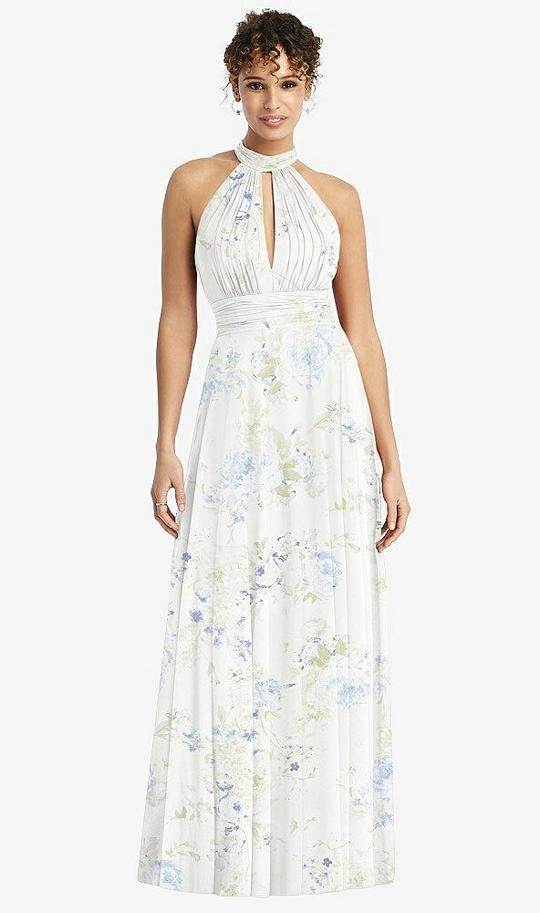 Front View - Bleu Garden High-Neck Open-Back Shirred Halter Maxi Dress