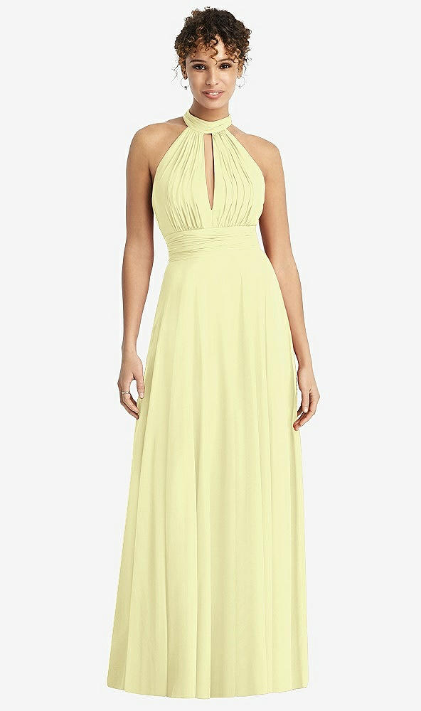 Front View - Butter Yellow High-Neck Open-Back Shirred Halter Maxi Dress