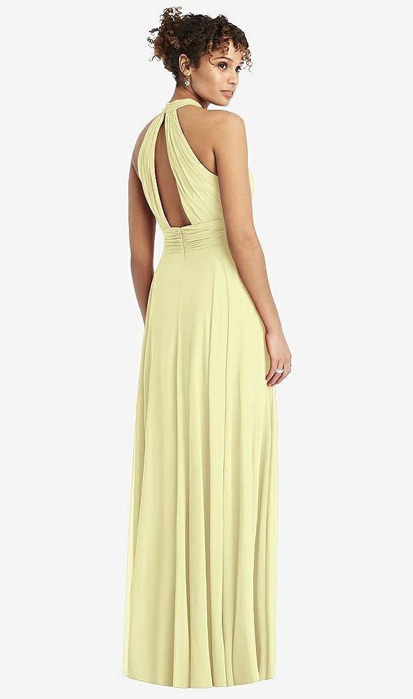 Back View - Butter Yellow High-Neck Open-Back Shirred Halter Maxi Dress