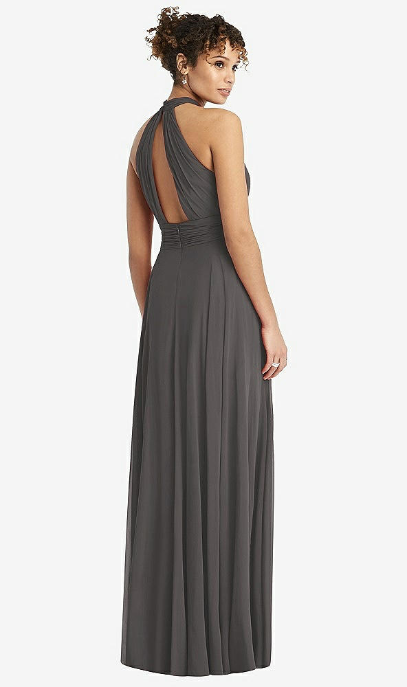 Back View - Caviar Gray High-Neck Open-Back Shirred Halter Maxi Dress