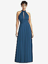 Front View Thumbnail - Dusk Blue High-Neck Open-Back Shirred Halter Maxi Dress