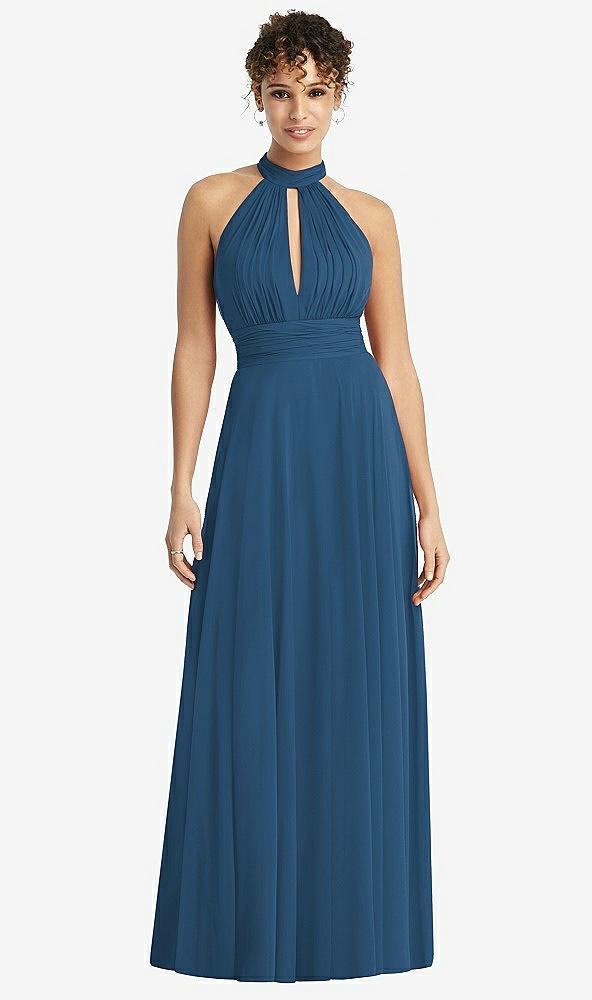 Front View - Dusk Blue High-Neck Open-Back Shirred Halter Maxi Dress