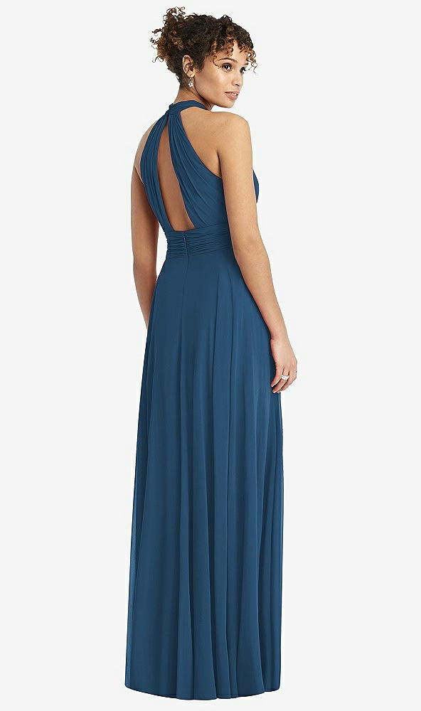 Back View - Dusk Blue High-Neck Open-Back Shirred Halter Maxi Dress