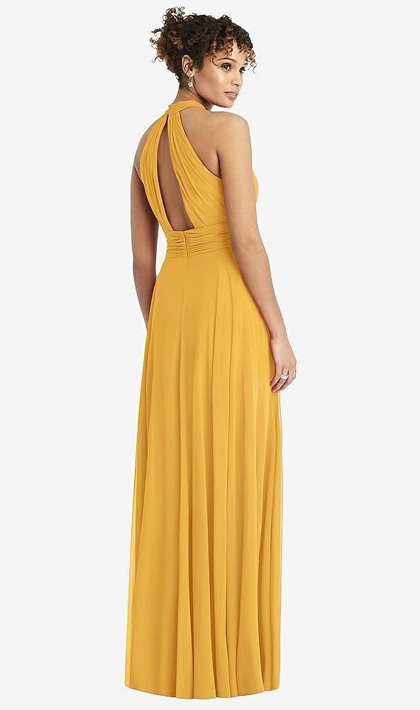 Back View - NYC Yellow High-Neck Open-Back Shirred Halter Maxi Dress