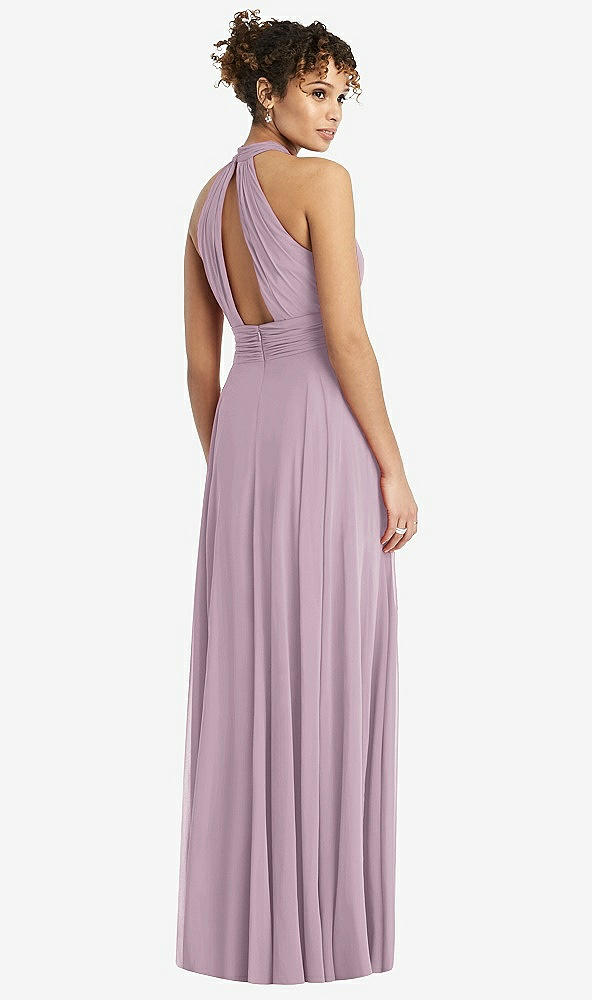 Back View - Suede Rose High-Neck Open-Back Shirred Halter Maxi Dress