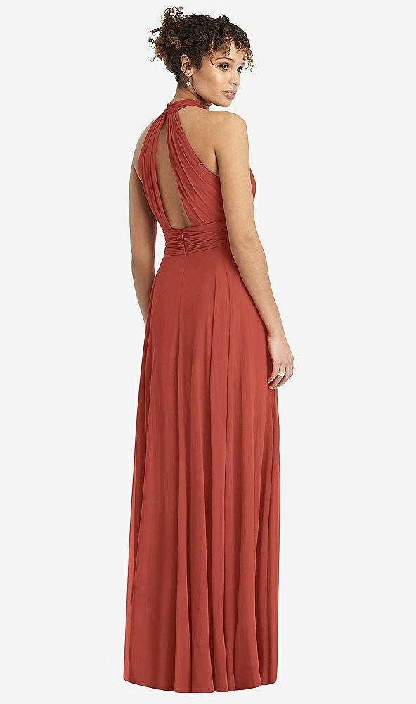 Back View - Amber Sunset High-Neck Open-Back Shirred Halter Maxi Dress