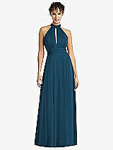 Front View Thumbnail - Atlantic Blue High-Neck Open-Back Shirred Halter Maxi Dress