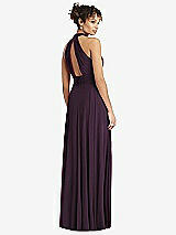 Rear View Thumbnail - Aubergine High-Neck Open-Back Shirred Halter Maxi Dress